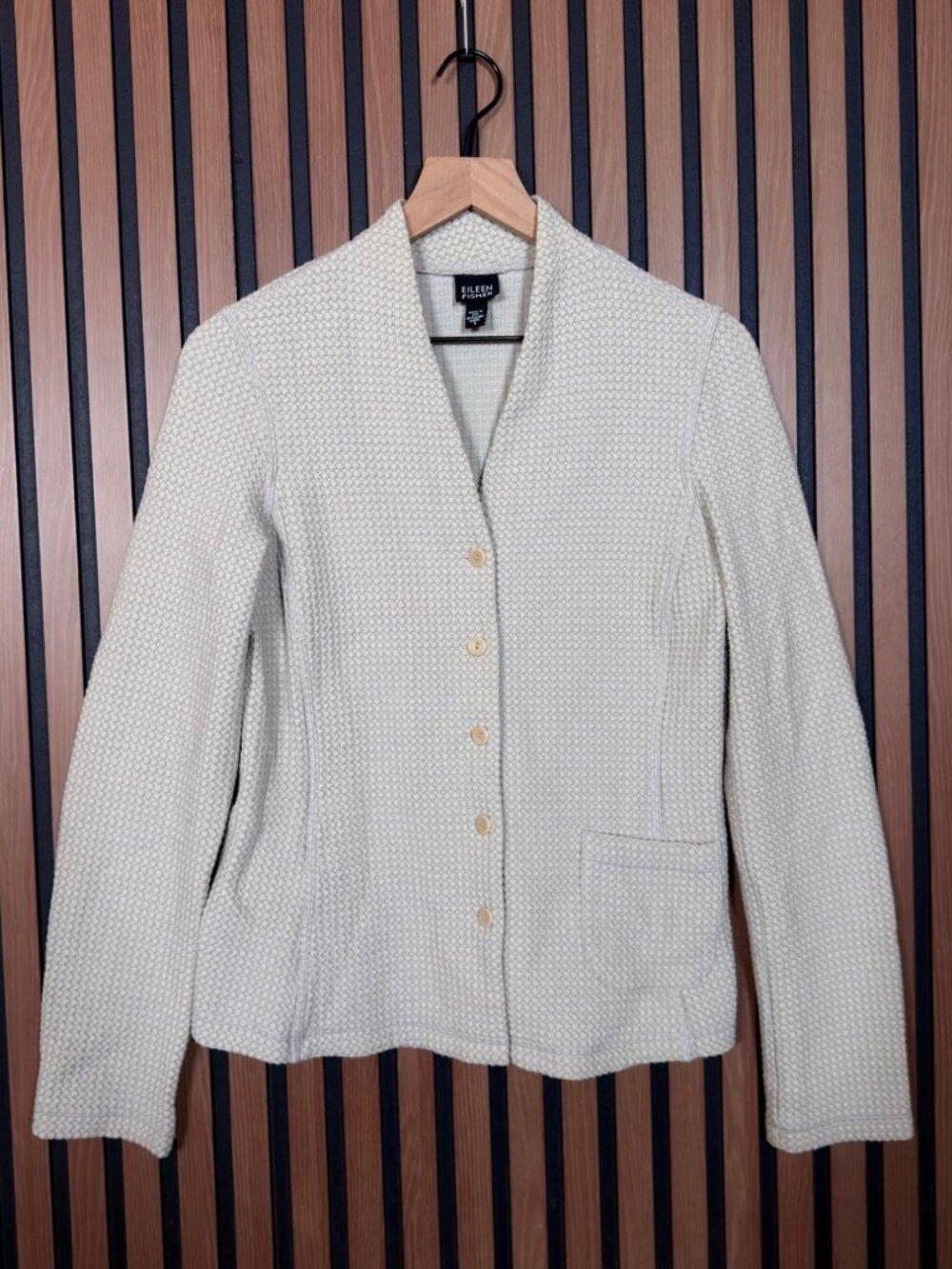 Eileen Fisher Thermal Shirt Small Oatmeal Beige Front Pocket Stretch Fabric
